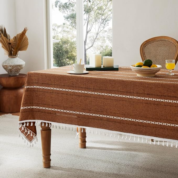 ZeeMart Hemstitched Embroidery Striped Boho Tablecloth 60x60 Inch Caramel, Heavy Weight Farmhouse Burlap Linen Orange Brown Tablecloth, Wrinkle Resistant Washable Table Cloth for Square Table
