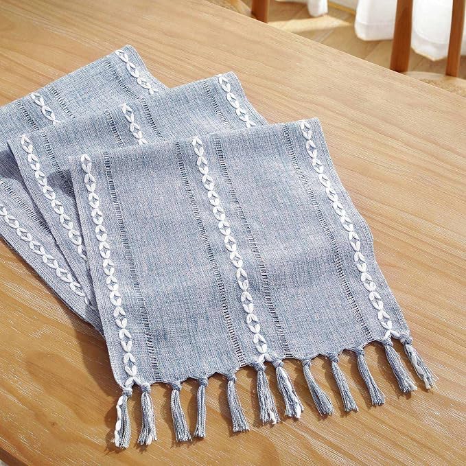 Yicorgard Farmhouse Table Runner Rustic Style 13“ x 72”, Braided Striped Linen Rustic Table Runner 72 Inches Long with Tassels for Dining Room Kitchen Reading Dresser Décor,Blue
