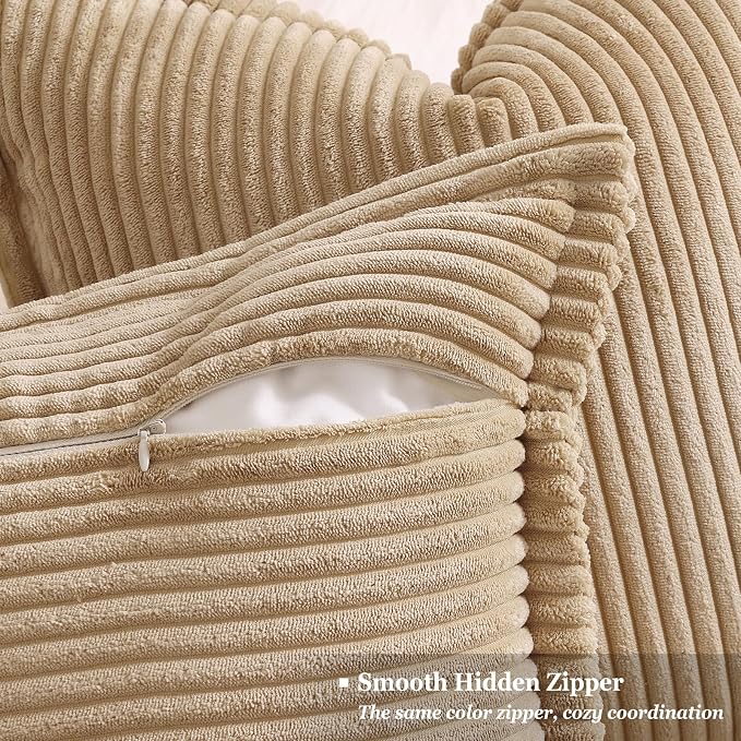 decorUhome Summer Corduroy Light Brown Euro Sham Throw Pillow Covers 26x26 Set of 2 Decorative Soft Boho Farmhouse Couch Pillow Covers for Living Room Bed Sofa Broadside Striped Pillow Cases