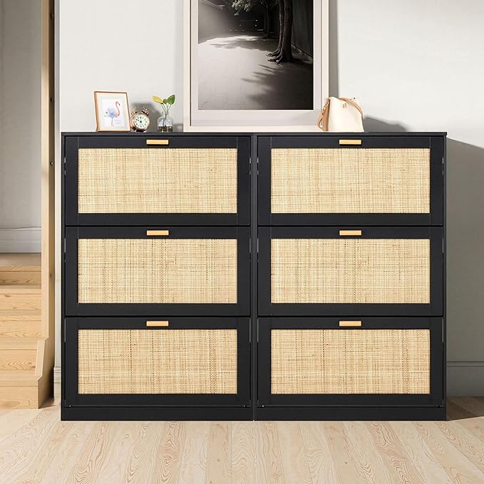 Finnhomy Extended Edition Shoe Cabinet with Natural Rattan Flip Drawers for Entryway, Free Standing 3 Tier Slim Shoe Organizer, Shoe Cabinet with 3-Gear Adjustable Width Drawers, Black
