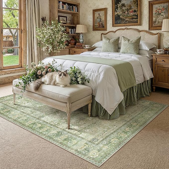 HUGEAR 6x9 Machine Washable Rugs Light Green Hallway Large Area Rug Indoor Accent Rug Floral Low Pile Carpet Soft Throw Aesthetic Rug Bedroom Living Room Office Dining Room Kitchen Laundry Room
