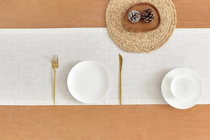 Wracra Linen Style Table Runner, Rustic Farmhouse Off White Table Runners 72 Inches Long, Handcrafted Table Runner for Fall, Winter - Everyday Use and Machine Washable
