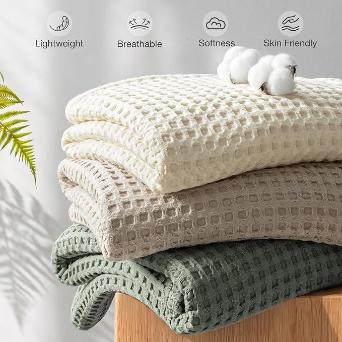 Exclusivo Mezcla Pre-Washed 100% Cotton Waffle Blanket Full Size for Bed, 330GSM Lightweight Breathable Summer Blankets, Soft and Cozy, Home Decor, Celadon, 80x90 Inches