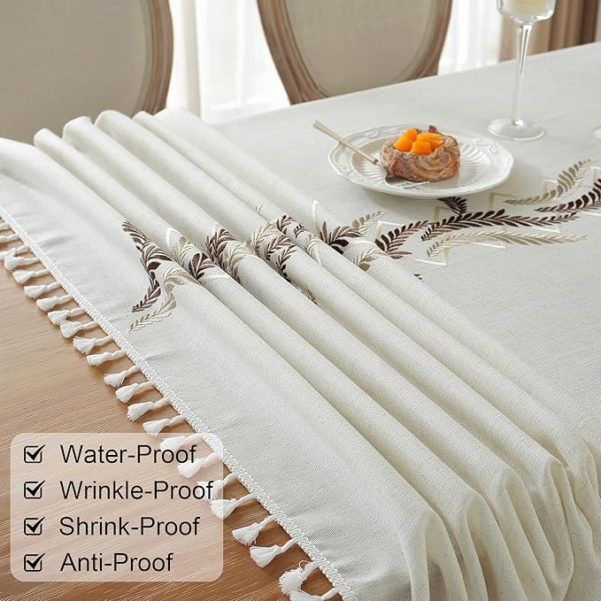 JIALE Tablecloths for Rectangle Tables, Cotton Linen Table Cloth Waterproof Tablecloth Wrinkle Free Farmhouse Dining Tables Cover, Soft Fabric Table Cloths with Tassels, Beige, 55" X 55", 2-4 Seats
