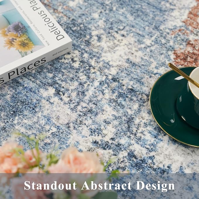 2x8 Washable Non-Slip Hallway Runner Rug – Modern Coastal Abstract Neutral Stain-Resistant Low-Pile Carpet Runner for Kitchen Entryway Bedroom Bathroom (Blue Rust,2x8)