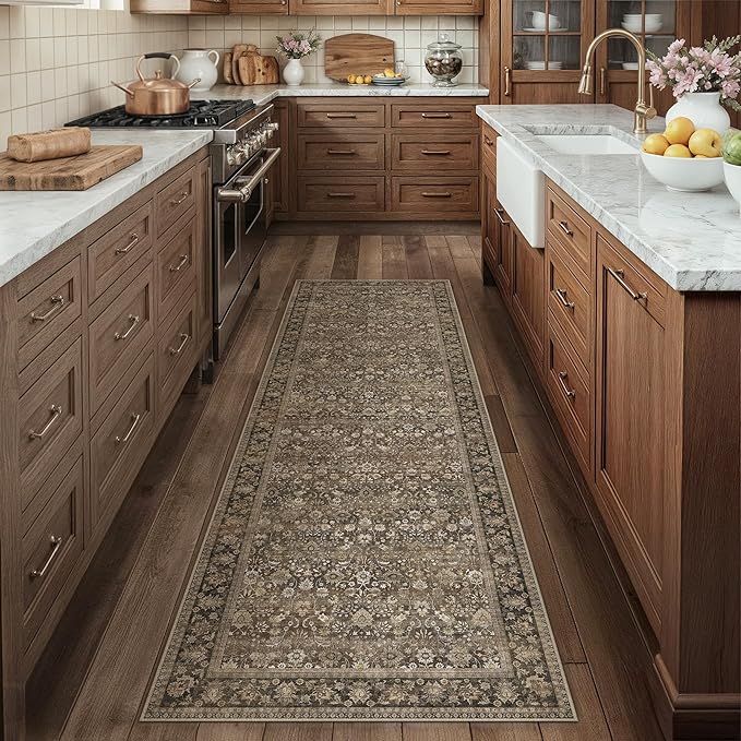 HUGEAR 2'6''x10 Runner Rug Machine Washable Brown Hallway Area Rug Indoor Accent Rug Floral Low Pile Carpet Soft Throw Rug Bedroom Living Room Office Dining Room Kitchen Laundry Room Non Slip