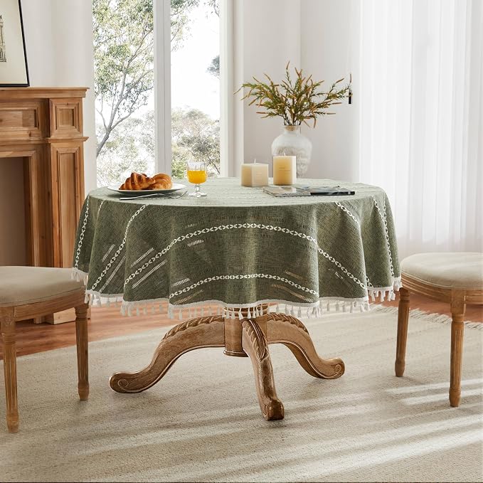 ZeeMart Hemstitched Embroidery Striped Boho Tablecloth 60 Inch Round Olive, Heavy Weight Farmhouse Burlap Linen Green Tablecloth, Wrinkle Resistant Washable Table Cloth for Round Table