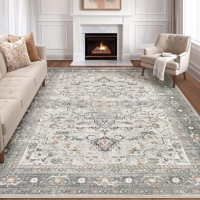 7x9 Area Rug Living Room: Washable Boho Large Neutral Vintage Soft Rugs Stain Resistant Distressed Farmhouse Non-Slip Indoor Floor Carpet for Bedroom Nursery Kids Office Dining Room- Taupe
