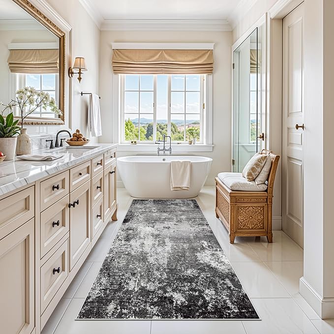Kitchen Runner Rug 3x7 Washable Non-Slip Modern Abstract Neutral Carpet for Hallway, Entryway, Bedroom, Bathroom Low-Pile Thin Stain-Resistant Wide Floor Runner Black Grey