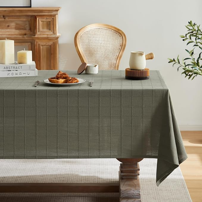 ZeeMart Linen Checked Table Cloth 52x52 Inches, Farmhouse Style Plaid Embroidered Water Resistant Square Table Cover, Olive