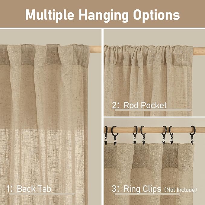 LAMIT 63 Inch Sheer Linen Window Curtains, Light Filtering Panels Back Tab and Rod Pocket Neutral Drapes for Bedroom/Living Room, Brown, 2 Panels, 34 x 63 Inch