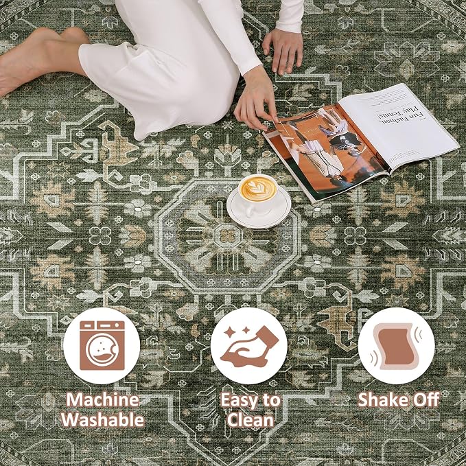 Round Rug Living Room Rugs: 8x8 Washable Boho Neutral Large Circle Soft Indoor Floral Stain Resistant Floor Farmhouse Carpet for Bedroom Nursery Kids Playroom Office Dining Room- Dark Green
