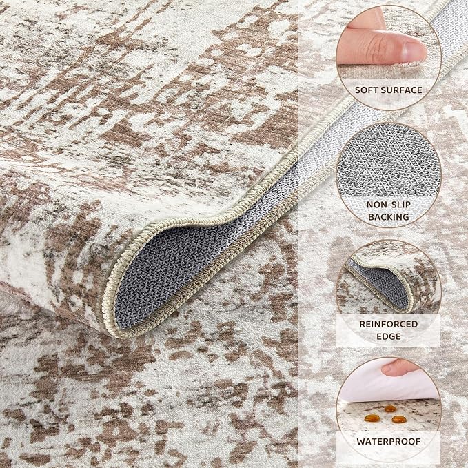 UERMEI 5x7 Washable Area Rug - Neutral Modern Abstract Living Room Rugs, Non-Slip Soft Large Indoor Floor Carpet for Bedroom Home Office & Under Dining Table Decor, Brown/Grey/Red