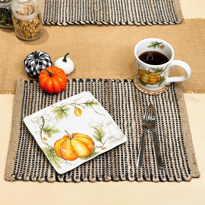 Chardin Home Natural Jute & Black Placemats, Set of 4 – Rustic Handmade Boho Table Mats, 13x19 Inch Dining Table Placemats for Kitchen, Everyday Meals, Holidays, Farmhouse or Modern Table Décor