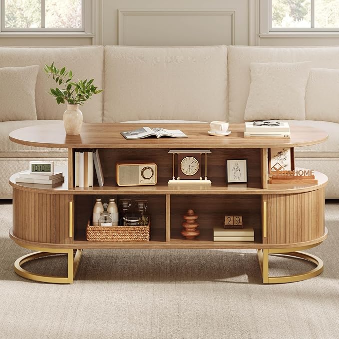 YITAHOME Coffee Table, Coffee Tables for Living Room with Sliding Doors & Large Storage, Modern Wooden Coffee Table with Gold Handles, Metal Base for Living Room, Natural Oak