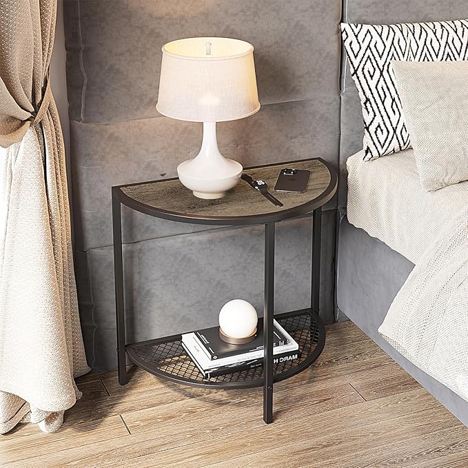 SAYGOER Small Half Moon Side Table 19.7'' Bed Night Stand 18.7"*10.4" Gray End Tables for Living Bed Room 2 Tier Faux Wood Couch Tables with Storage Shelf Adjustable Feet, Rustic Gray