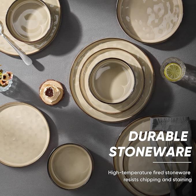 E-far 24-Piece Plates and Bowls Sets with Pasta Bowls - Stoneware Dinnerware Set for 6, Modern Ribbed Dishes, Microwave & Dishwasher Safe, Sandy Khaki