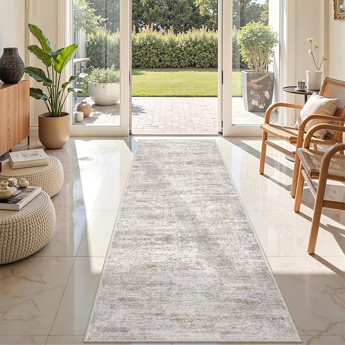 Kitchen Runner Rug Non Slip - 2.5 x 8 Runners for Hallways, Entryway, Bedroom, Washable Runner Rugs for Bathroom, Laundry Room, Low Pile Soft Vintage Area Rug(2.5'x8', Brown/Grey/Ivory)