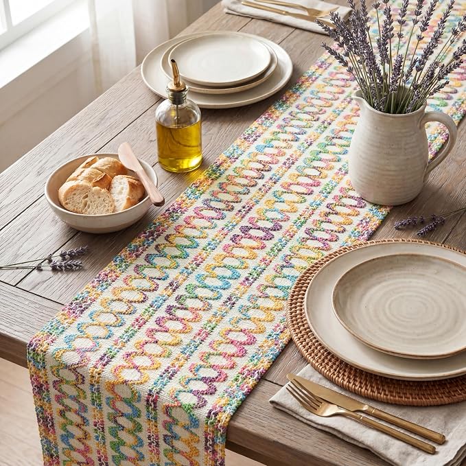 Artoid Mode Colorful Farmhouse Woven Rustic Hollow Spring Table Runner, Seasonal Summer Pride Month Holiday Kitchen Dining Table Decoration for Home Party Decor 12x90 Inch