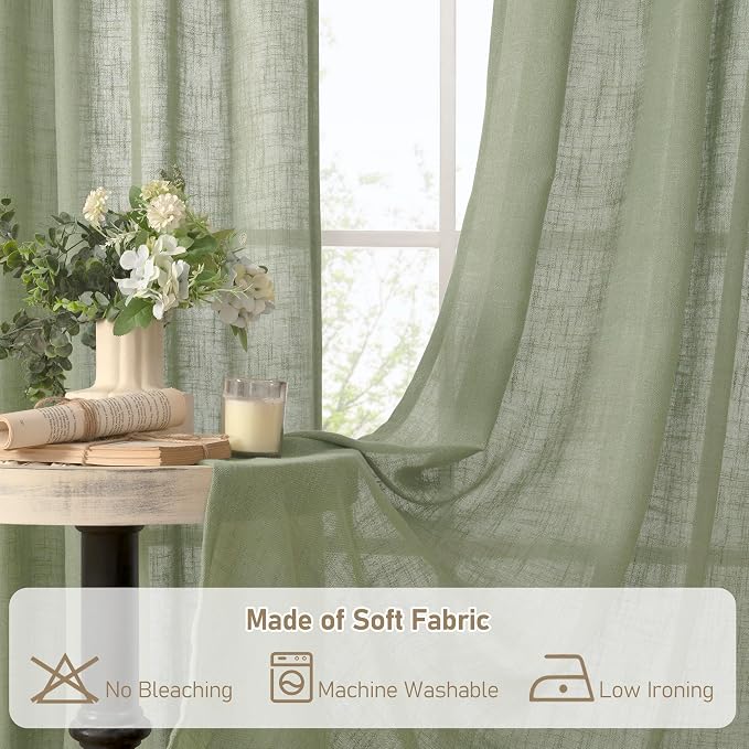 LAMIT Sheer Linen Curtains 63 inches Long for Bedroom, Bronze Grommet Linen Drapes Light Filtering Semi Sheer Curtains for Small Window/Farmhouse, 2 Panels (60 x 63 Inch, Sage Green)