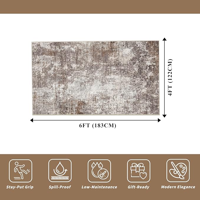 4x6 Washable Kitchen Rug –Non-Slip Small Area Rug for Bedroom, Entryway, Living Room, Office – Soft Modern Abstract Neutral Indoor Carpet (Brown Beige,4x6)