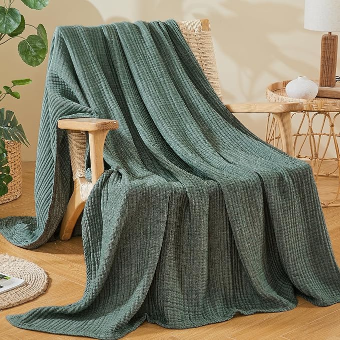 EMME Cotton Muslin Queen Blanket Bed Layering Bedspread Coverlet Breathable Gauze Soft Lightweight Blankets (Heather Forest Green, 90"x90")