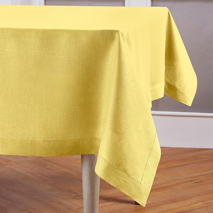 Solino Home Linen Tablecloth for Rectangle Tables 60 x 90 Inch - 100% Pure Linen Sunshine Yellow Table Cloth - Fete, Machine Washable Cloth Tablecloth for Summer