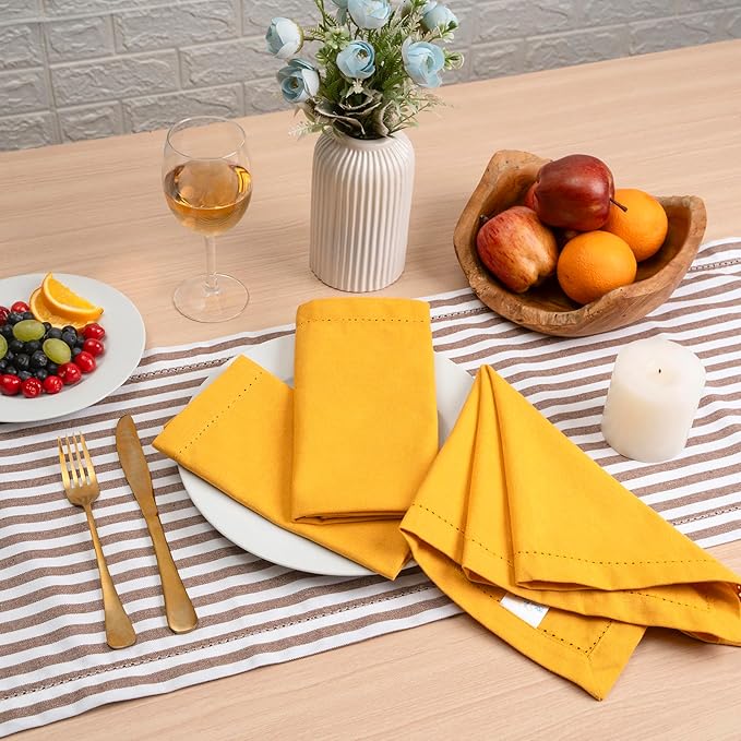 Blue Needles Set of 12 Hemstitch Linen Napkins 100% Cotton Golden Yellow Cloth Dinner Napkins 18x18 inches, Soft Reusable Absorbent Washable, Ideal for Spring Summer Easter Parties & Everyday Use