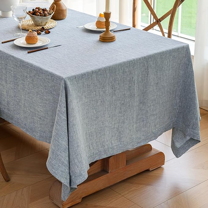 Linen World Yarn-Dyed Linen Tablecloth 60x90inch, Denim Look Table Cover, 100% French Linen Chambray Blue, Soft & Breathable Natural Flax, Washed Table Cloth for Dining & Everyday Use