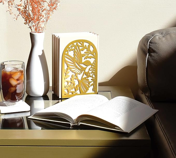 CNK Premium Metal Bookends for Home Office - Heavy Book Stoppers, Decorative Book Shelves (Hummingbird Gold)
