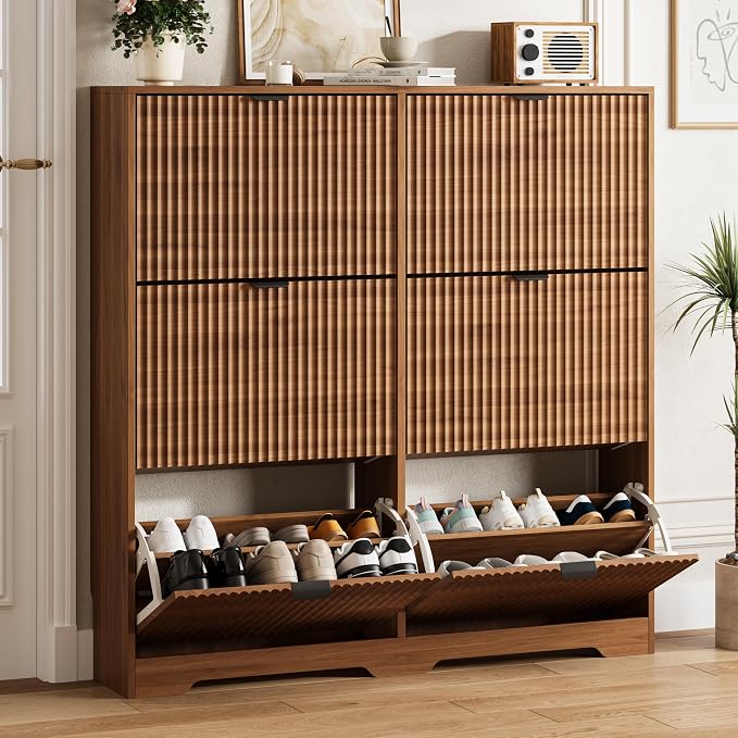 Shoe Cabinet Storage for Entryway with 6 Flip Drawers, Walnut Fluted Shoe Cabinet with Adjustable Shelves, Wooden Hidden Shoe Rack Freestanding Narrow Slim Shoes Storage for Hallway, Entrance