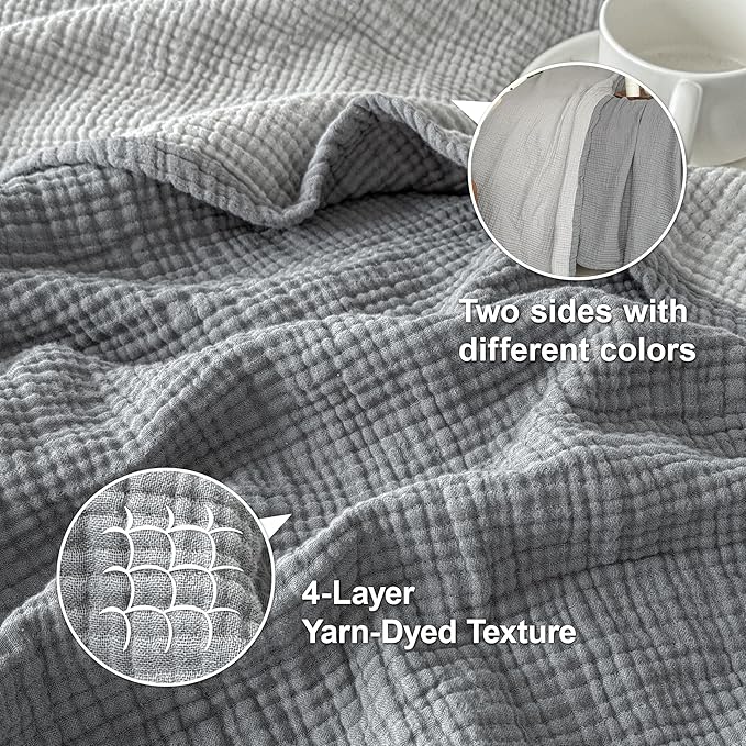 Simple&Opulence 100% Cotton Muslin Blanket King Size, Lightweight Breathable 4 Layering Gauze Blanket for Bed Couch Camping, Soft Bedspread Coverlet All-Season Use (Grey, 104" x 92")