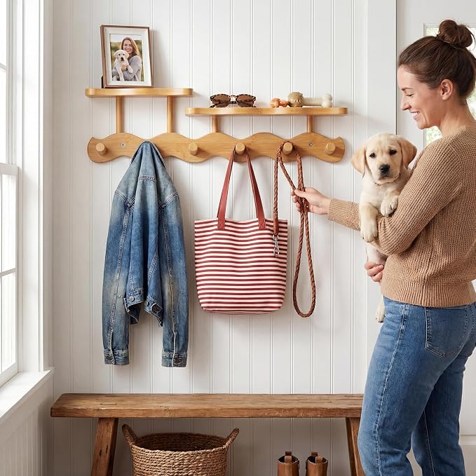 Wave-Shaped Bamboo Coat Rack Wall Mount with Shelves - Modern Decorative Wall Hooks for Entryway, Bathroom & Bedroom,Eco-Friendly Organic Wood Wall Mounted Rack for Hanging Coats, Bags, Keys 6 Hooks