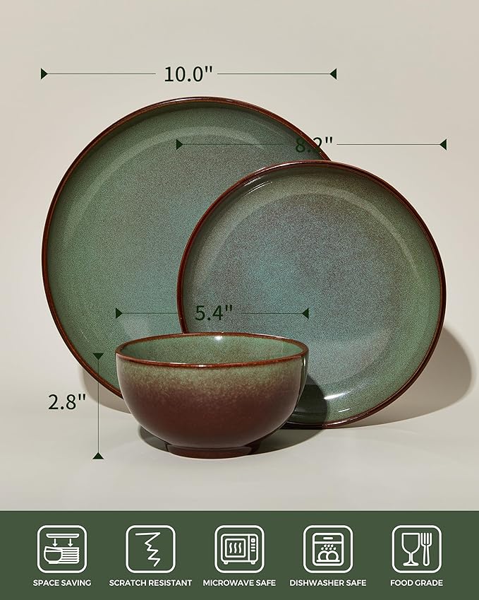 Pokini Stoneware Dinnerware Sets Service for 12, 36 pcs Reactive Glaze Plates and Bowls Sets, Handmade Ceramic Dish Set, Highly Chip and Crack Resistant Modern Plate Set, Brown Green