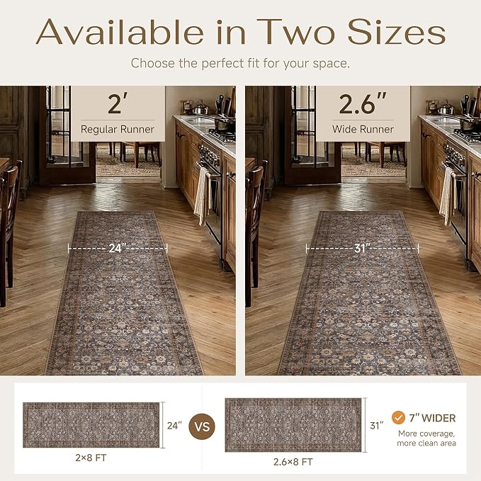 HUGEAR 2x10 Runner Rug Machine Washable Tradition Brown Hallway Area Rugs Indoor Accent Rugs Floral Low Pile Carpet Distressed Throw Rug Bedroom Living Room Office Dining Kitchen Laundry Non Slip