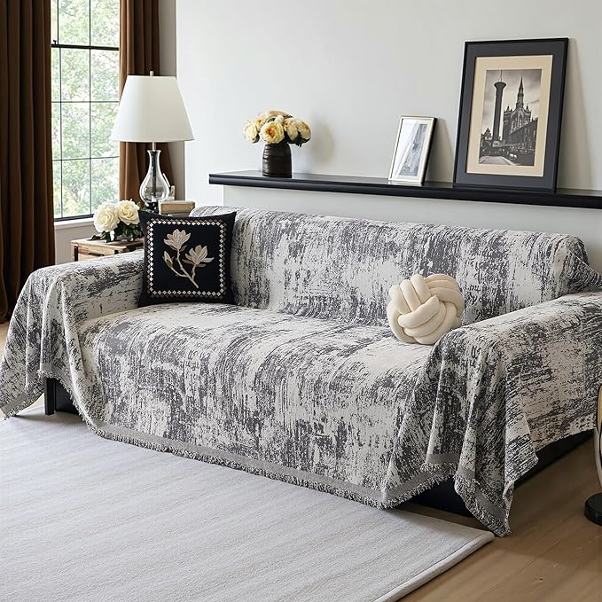 MEETSKY Oversized Couch Cover for Sectional Sofa Set Abstract Geometric Chenille Sofa Cover Washable for Pet Friendly, Couch Cover 3 Seat Couch Protector Multi-Use Blanket, 91"x150", Deep Grey