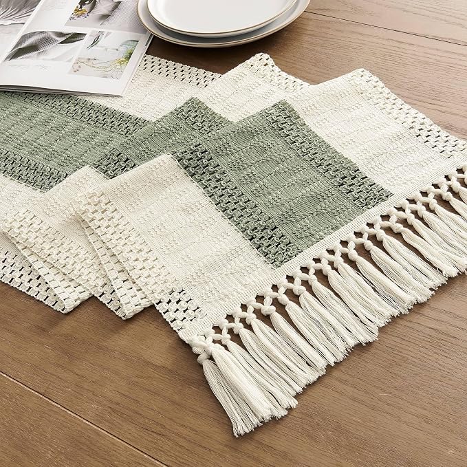ZeeMart Macrame Style Bicolor Stitching Table Runner, 14 x 72 Inch Green/Ivory, Boho Sage Green Table Runners 72 Inches Long, Farmhouse Woven Home Decor