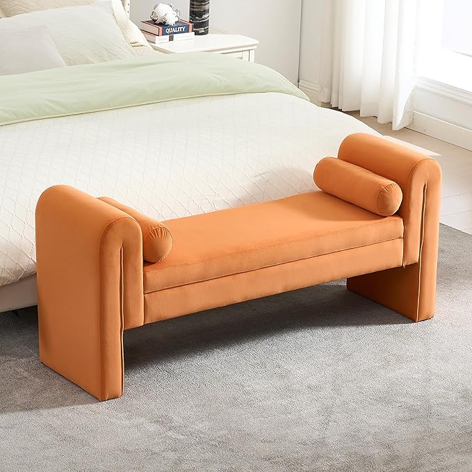 Velvet Bench for Bedroom End of Bed, 60.5- inch Upholstered Button Tufted Ottoman Bench with Rolled Arms, Button-Tufted Ottoman for Living Room, Entryway(Orange)