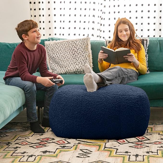 Jaxx Ellis Ottoman Shearling Faux-Lamb Plush Pouf for Modern Interior Design, Oval, Indigo