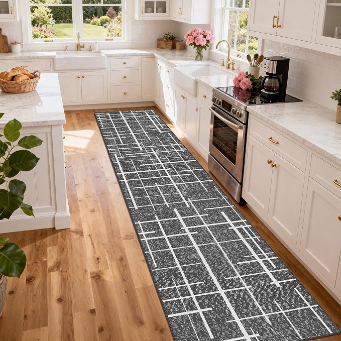 Non Slip Hallway Runner Rug 2.6x12, Modern Distressed Stripe, Washable Extra Long Rug, Woven Thin Low Pile Carpet Runners for Hallway 12ft Entryway, Kitchen, Walkway- Gray