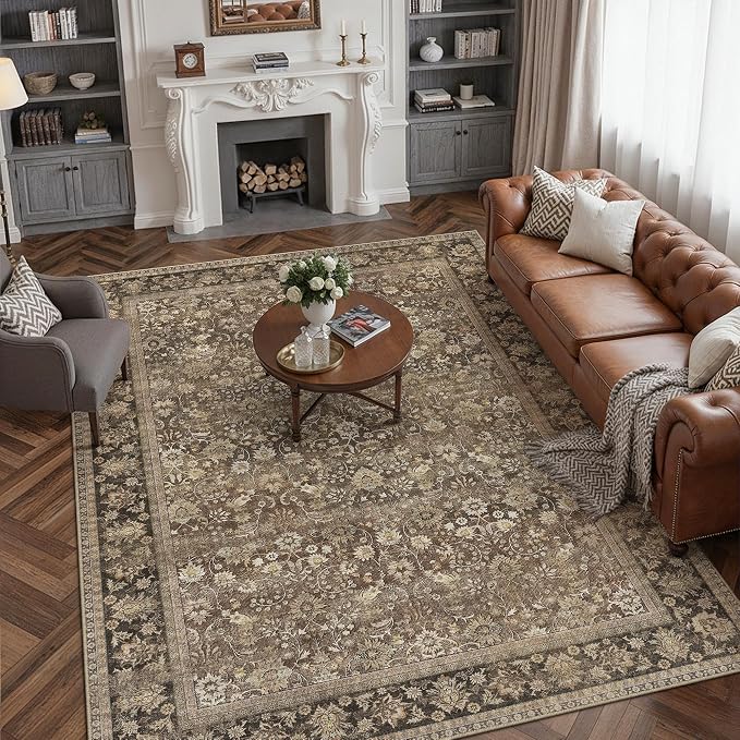 HUGEAR 9x12 Machine Washable Rugs Brown Living Room Large Area Rug Indoor Accent Rug Floral Mid Pile Carpet Soft Soft Thicker Aesthetic Rug Bedroom Office Dining Laundry