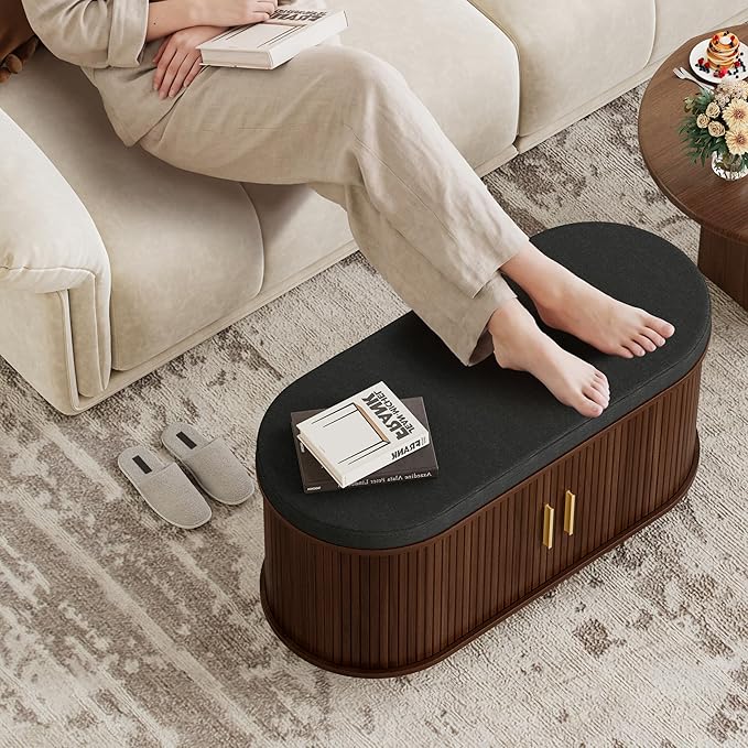 DHH 2-Tier Storage Bench,Wide Shoe Bench with Thickened Padded Seat Cushion, Mid Century Modern Fluted Sliding Door and Adjustable Shelf, for Entryway, Living Room, Bedroom (Walnut, 35.4“)