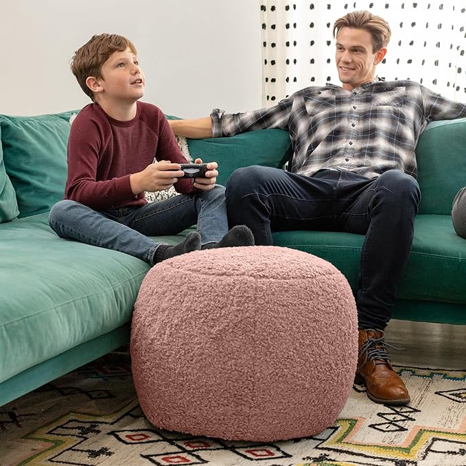 Jaxx Ellis Ottoman Shearling Faux-Lamb Plush Pouf for Modern Interior Design, Small, Pink