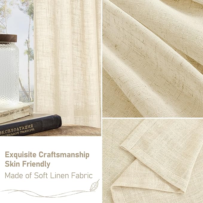 LAMIT Short Window Linen Curtains 45 Inch Length 2 Panels, Beige Light Filtering Panels Back Tab and Rod Pocket Neutral Drapes for Bathroom/Loft Room, 34 x 45 Inch