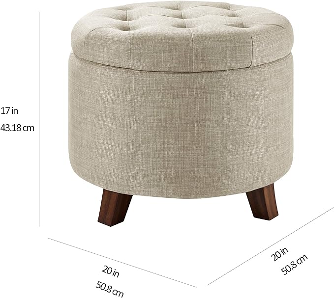 Amazon Basics Round Storage Ottoman Foot Rest, Button Tufted Upholstered Footstool with Storage, Sturdy Linen Fabric for Living Room and Bedroom, 20" x 17", Beige