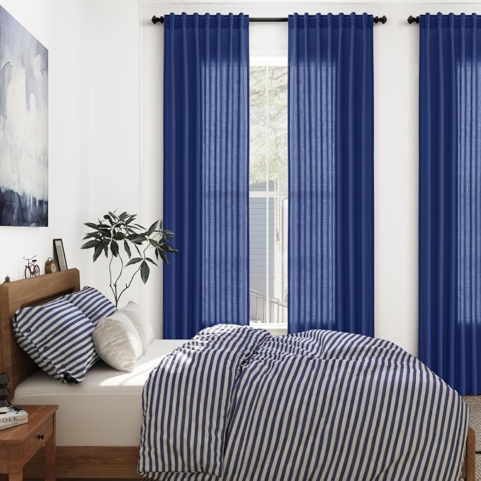 Classic Blue Linen Curtains 84 Inch Length 2 Panels Set for Living Room Rod Pocket Back Tab Light Filtering Window Drapes for Bedroom Dining Room Protect Privacy Modern Farmhouse Decor 52x84