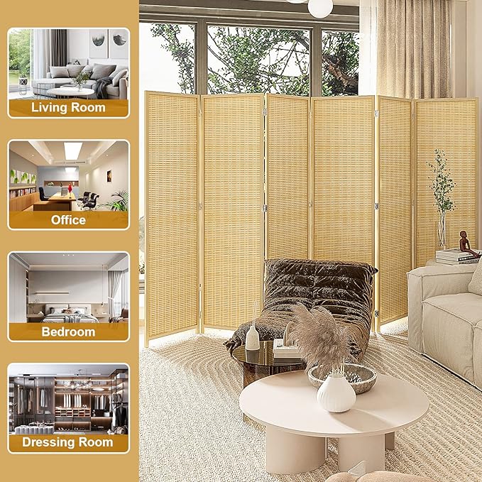 Bamboo Room Divider 6 Panel, Folding Privacy Screens for Room Separation, 5.6 FT Freestanding Room Divider for Home, Bedroom and Office, Assembly-Free, Natural