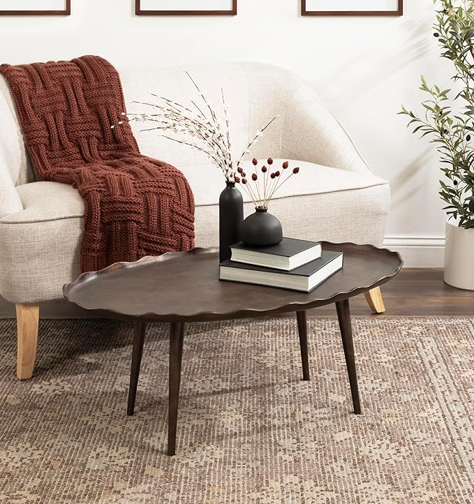 Kate and Laurel Alessia Transitional Oval Coffee Table; 34 x 20 x 15; Bronze; Metal Living Room Table for Storage and Display with Antique Deckled Edge Detailing