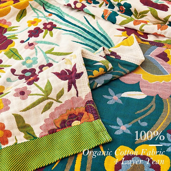 VANJOROY Boho Throw Blanket, 100% Organic Cotton Breathable Ultra Soft 80" x 90" Bed Quilt Throw - All Season Floral Rustic Farmhouse Decor Luxury Reversible Blanket for Sofa Couch Chair and Gift