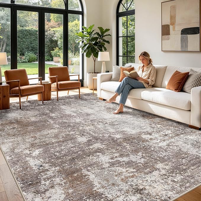 Large Washable Living Room Rug 10x14 – Modern Neutral Abstract Area Rug for Bedroom Dining Room – Soft Non-Slip Low Pile Carpet Indoor（Brown Beige,10x14）